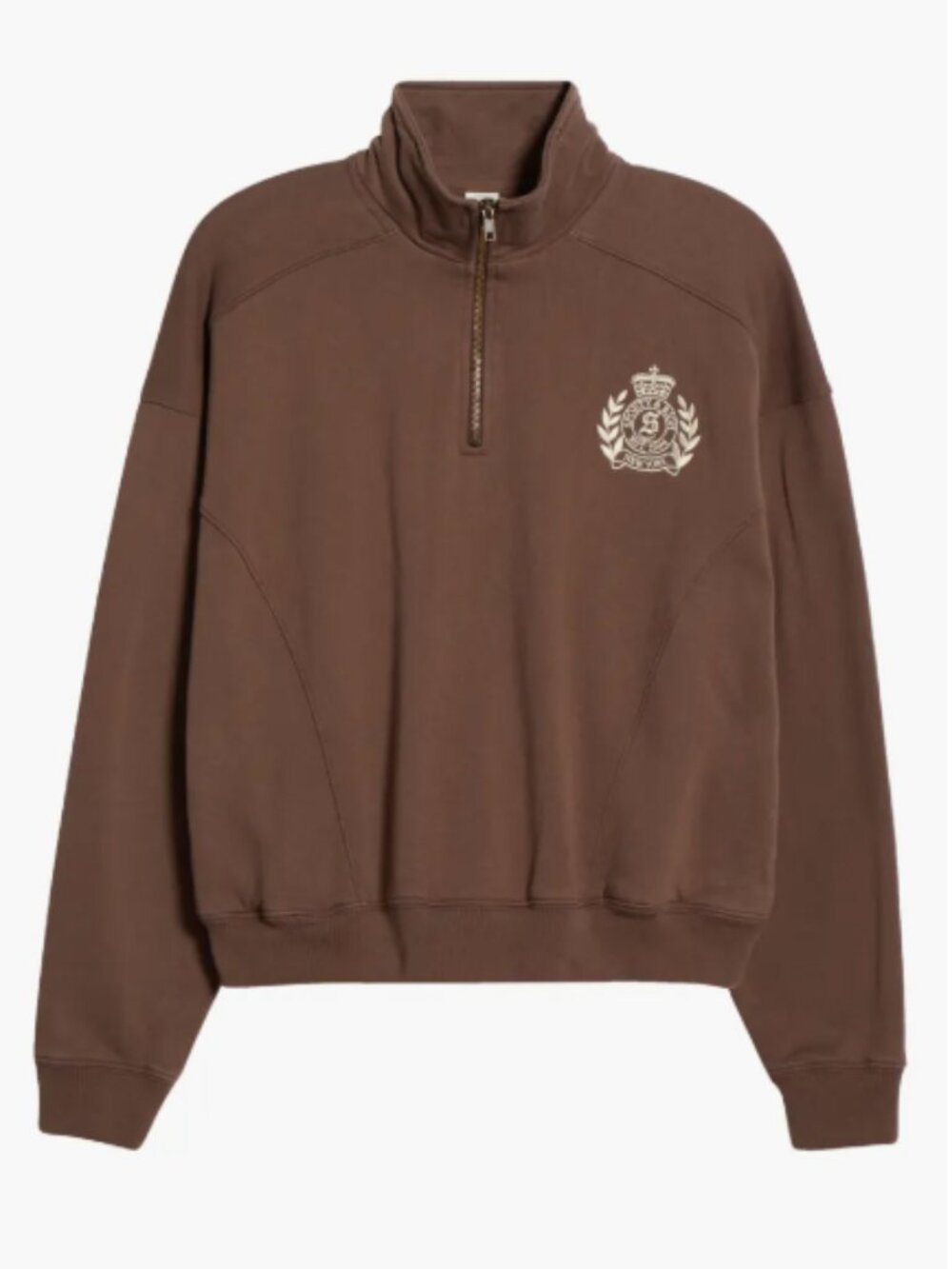 Sporty & Rich NY Crest Half Zip Cotton Fleece Sweatshirt Chocolate Brown Medium